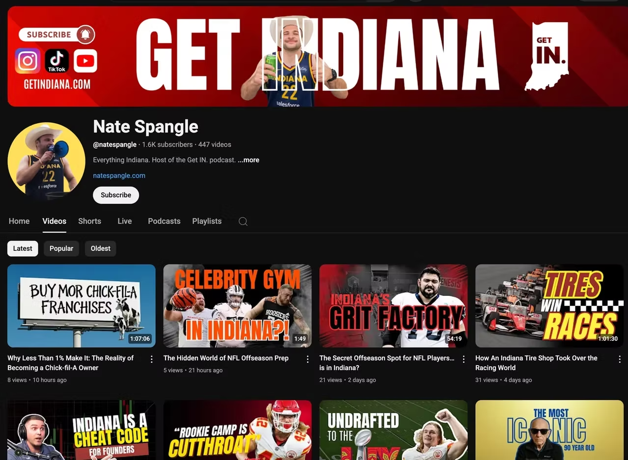 Nate Spangle & Get Indiana, Brand & media growth for Nate Spangle and Get Indiana.